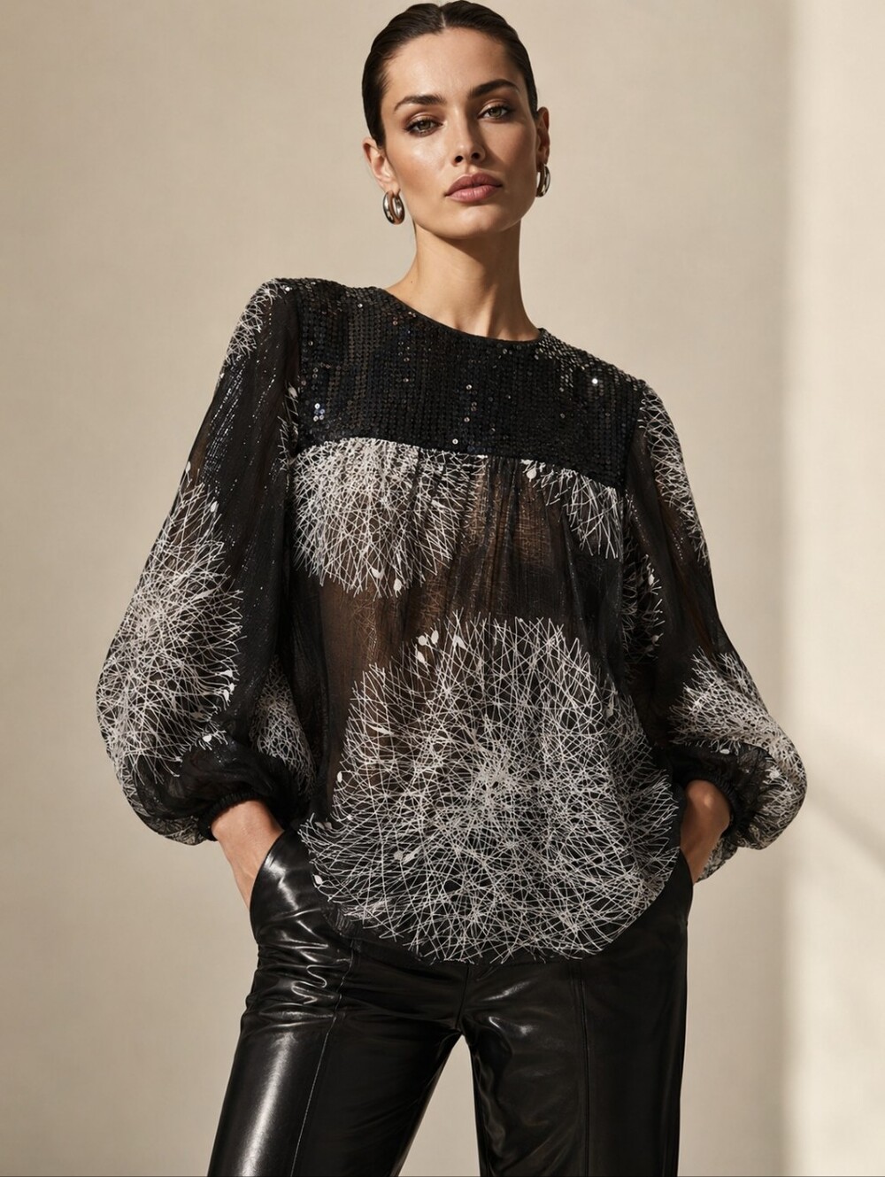 ❤️ POLECI SILK SEQUINED SHEER PUFF SLEEVE BLOUSE / TOP, 6.